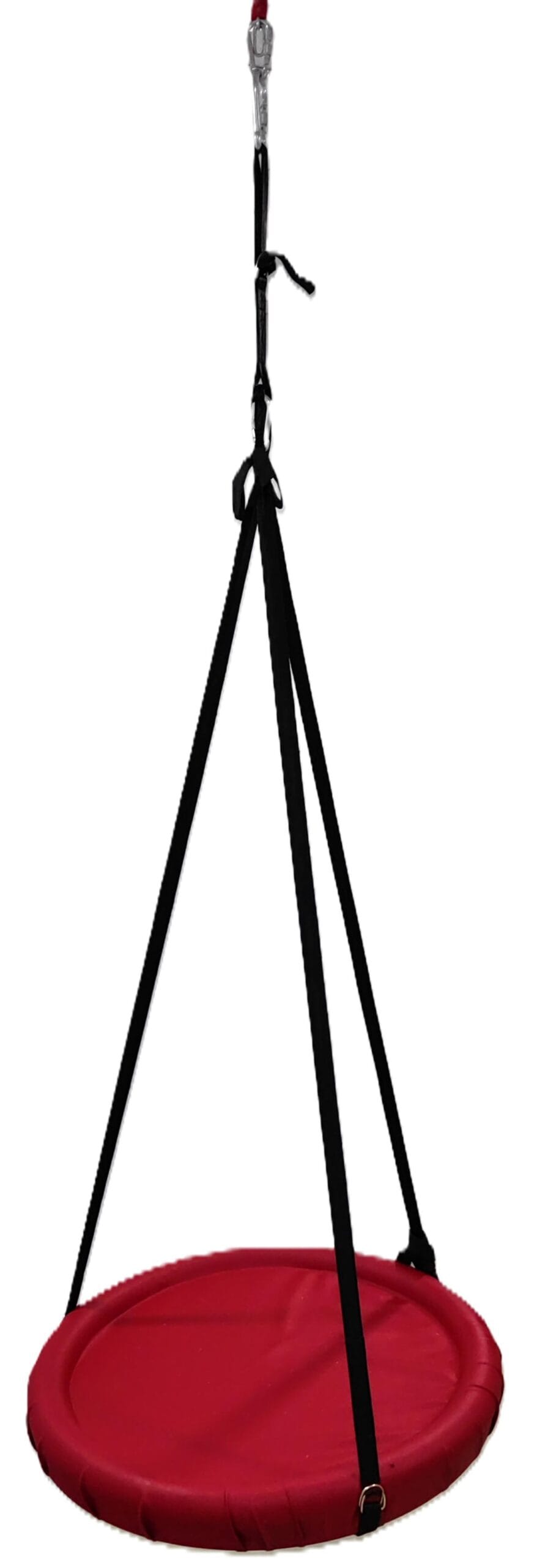 Balançoire plateau circulaire rouge Liftosium pour thérapie sensorielle avec suspension à trois bras.