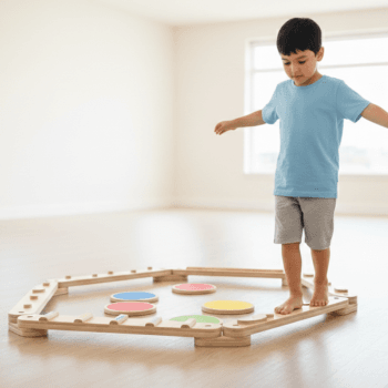 Poutre d'équilibre sensorielle modulaire en bois Liftosium avec un enfant en plein exercice de motricité globale