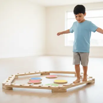 Poutre d'équilibre sensorielle modulaire en bois Liftosium avec un enfant en plein exercice de motricité globale
