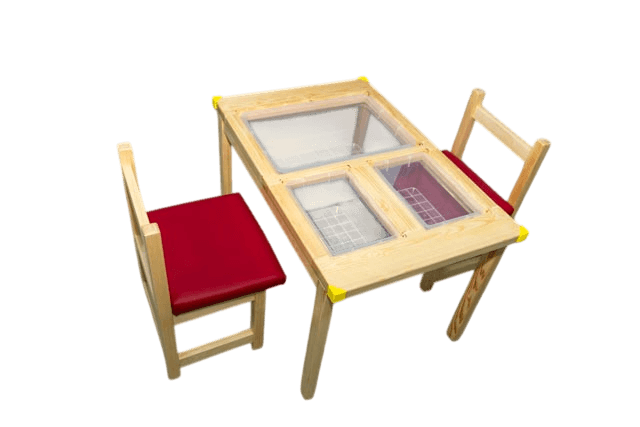 Ensemble table sensorielle fermée en bois avec ses deux chaises ergonomiques premium à assise bleue Liftosium