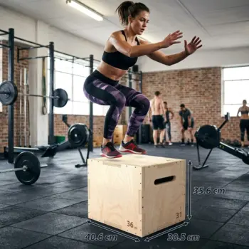Femme réalisant un saut pliométrique (box jump) sur une caisse de plyométrie 3 en 1 en bois Liftosium dans une salle d'entraînement.