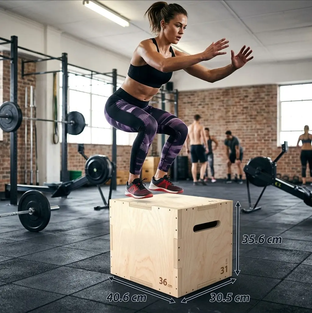 Femme réalisant un saut pliométrique (box jump) sur une caisse de plyométrie 3 en 1 en bois Liftosium dans une salle d'entraînement.