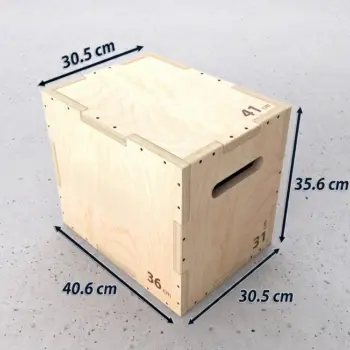 Caisse de plyométrie 3 en 1 en bois Liftosium avec affichage des dimensions 30,5 cm, 35,6 cm et 40,6 cm sur sol en béton.