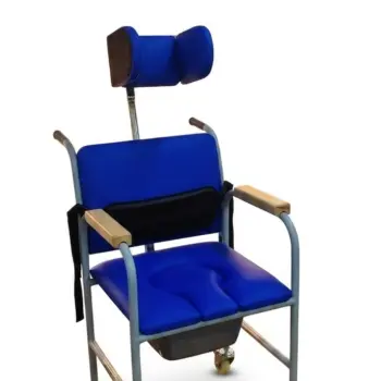 Chaise pot et garde-robe d'hygiène de positionnement pour IMC avec têtière bleue réglable, sangle de maintien et repose-pieds Liftosium
