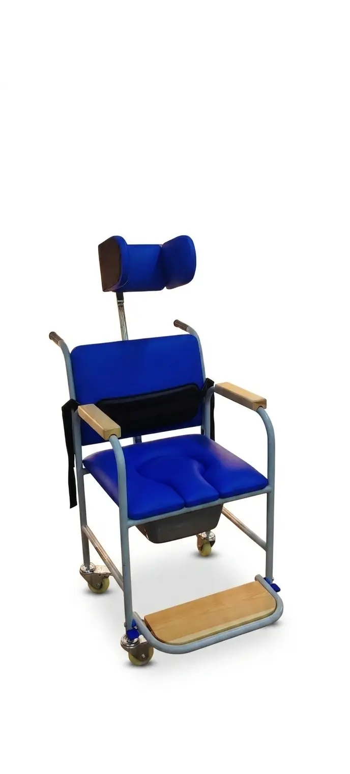 Chaise pot et garde-robe d'hygiène de positionnement pour IMC avec têtière bleue réglable, sangle de maintien et repose-pieds Liftosium