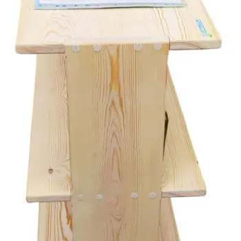 Vue de profil du meuble de rangement d'activité thérapeutique en bois massif Liftosium montrant l'assemblage robuste et la finition soignée.