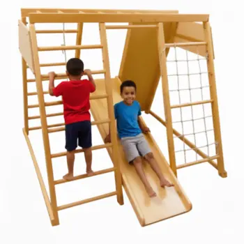 Structure d'escalade et de motricité en bois Jungle Gym pédiatrique pour enfants avec mur d'escalade, toboggan et filet de grimpe ultra-complet Liftosium.