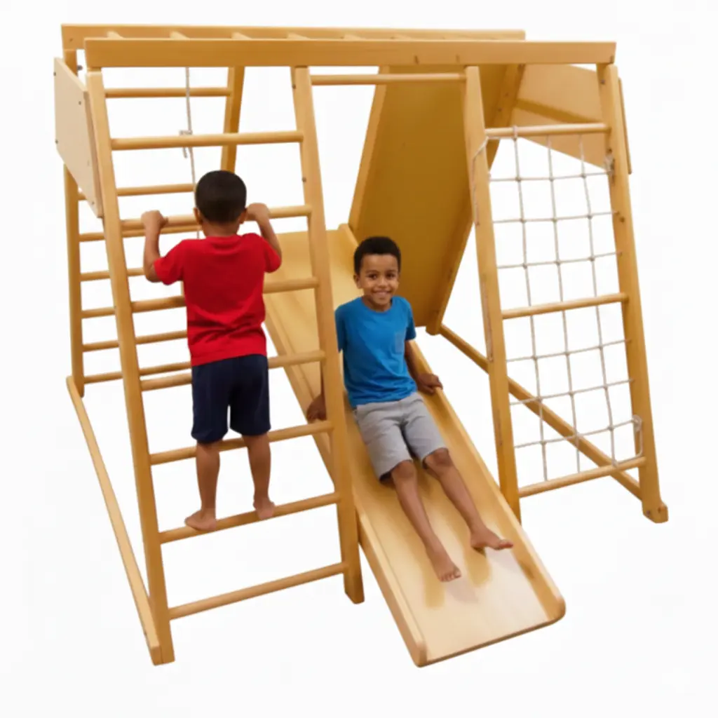 Structure d'escalade et de motricité en bois Jungle Gym pédiatrique pour enfants avec mur d'escalade, toboggan et filet de grimpe ultra-complet Liftosium.