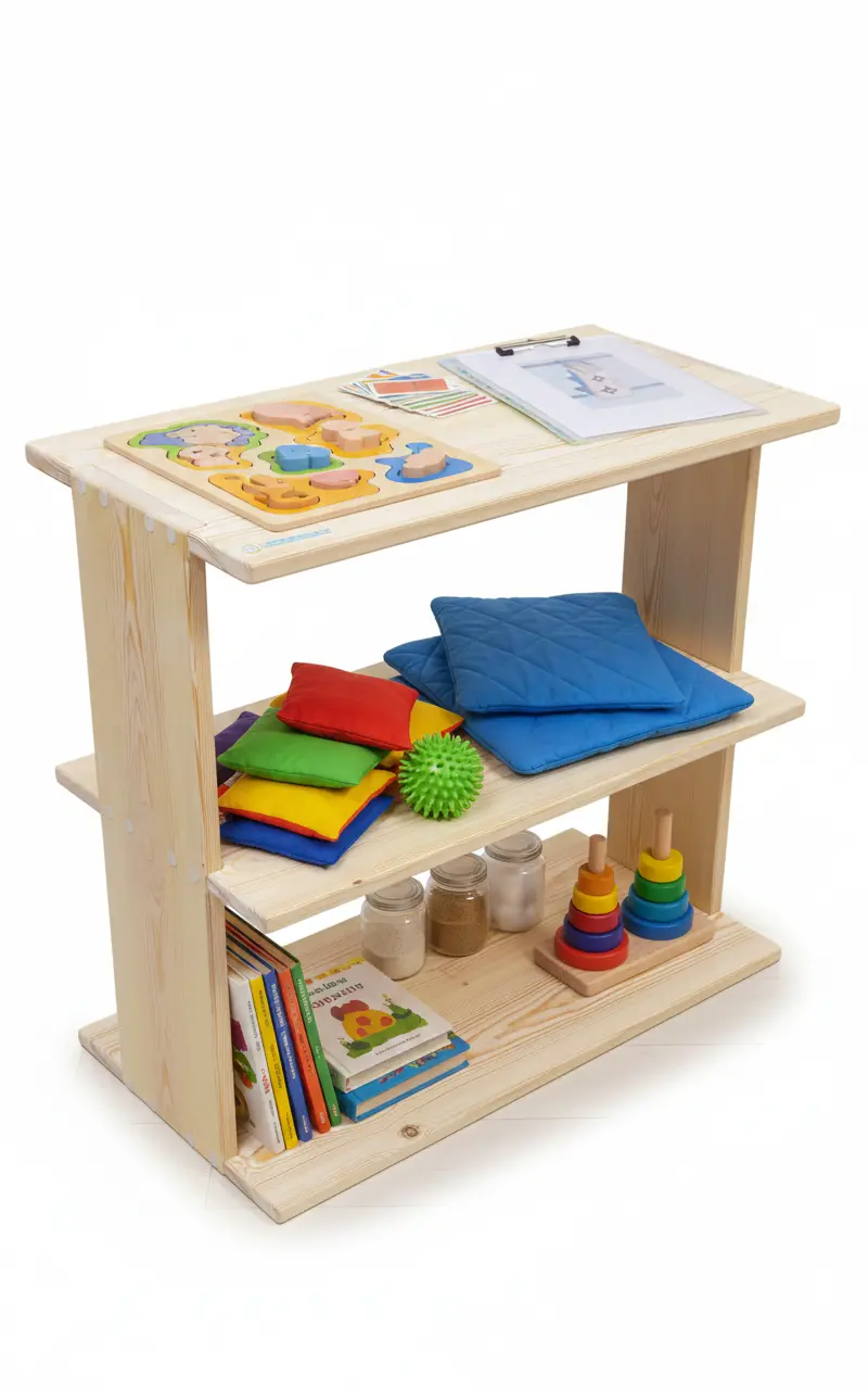 Meuble d'activité et étagère de rangement thérapeutique en bois massif pour ergothérapie et orthophonie Liftosium.
